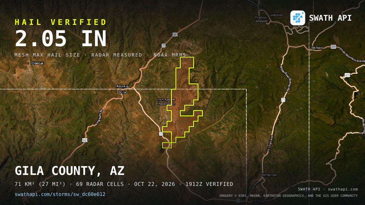 Storm card: 1.2–2.9" hail crossed Navajo County, AZ — October 22, 2026