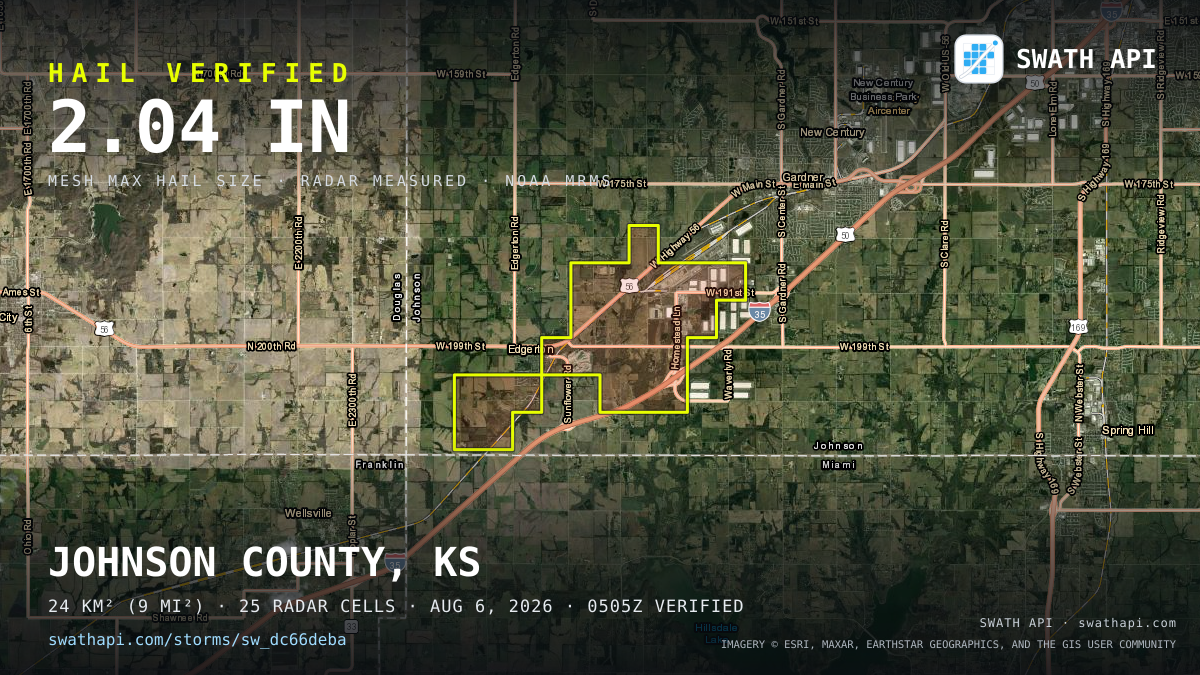 Storm card: 1.3–2" hail crossed Johnson County, KS — August 6, 2026