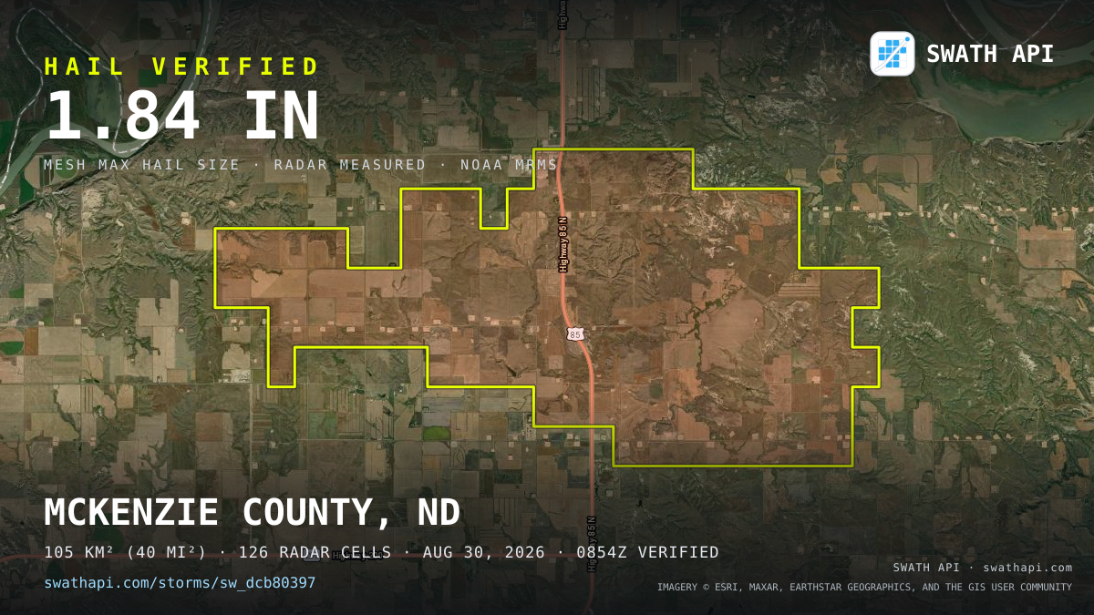 Storm card: 1.1–1.8" hail crossed McKenzie County, ND — August 30, 2026