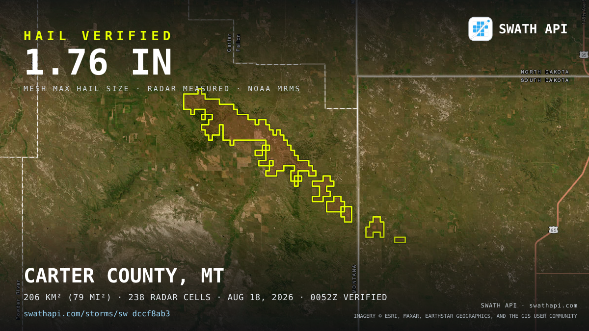 Storm card: 1.1–1.8" hail crossed Carter County, MT — August 18, 2026