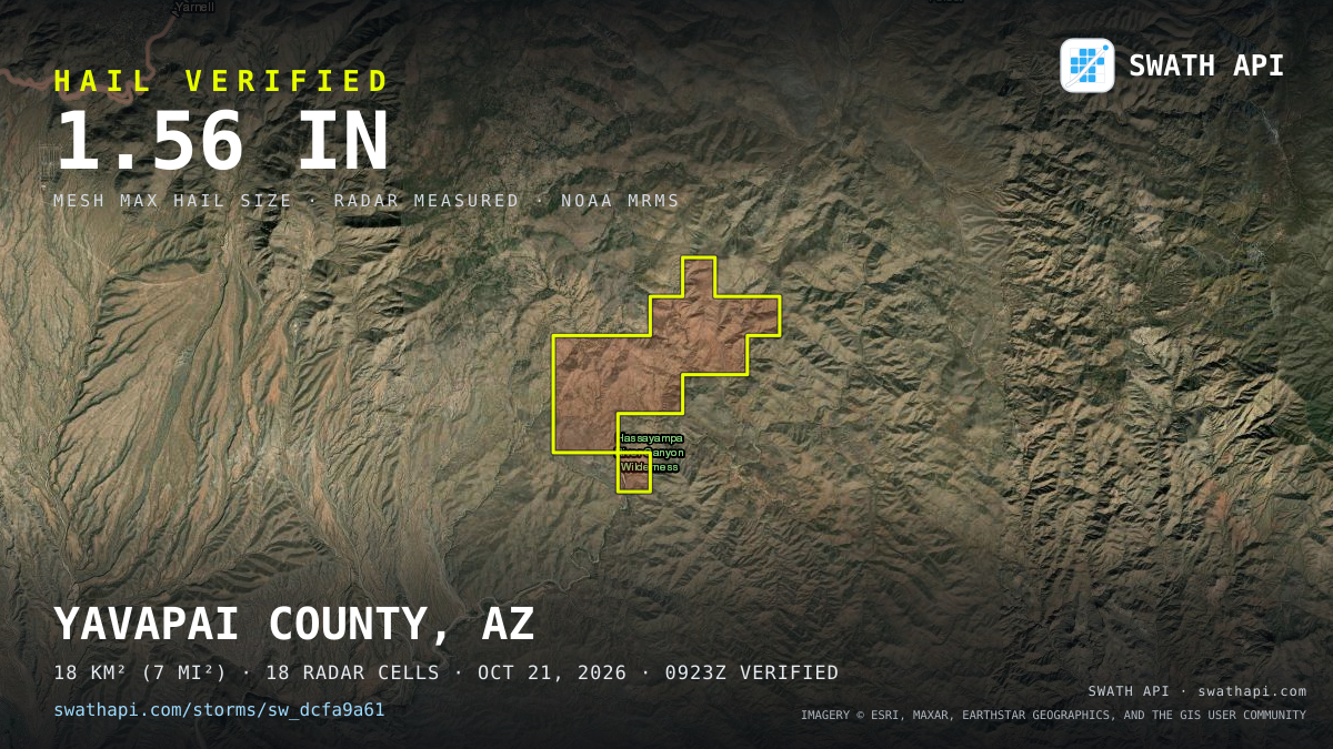 Storm card: 1.1–2.1" hail crossed Yavapai County, AZ — October 21, 2026