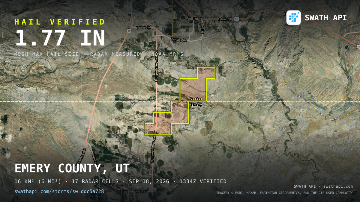 Storm card: 1.2–1.8" hail crossed Emery County, UT — September 18, 2026