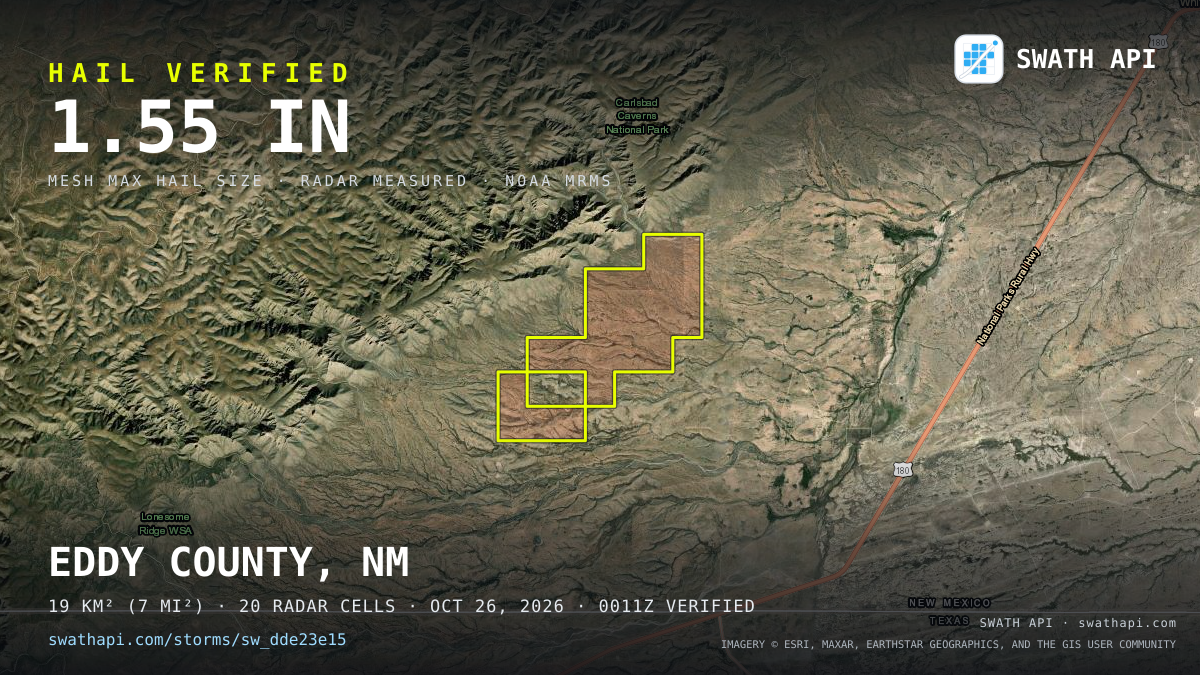 Storm card: 1.4–2.4" hail crossed Eddy County, NM — October 26, 2026
