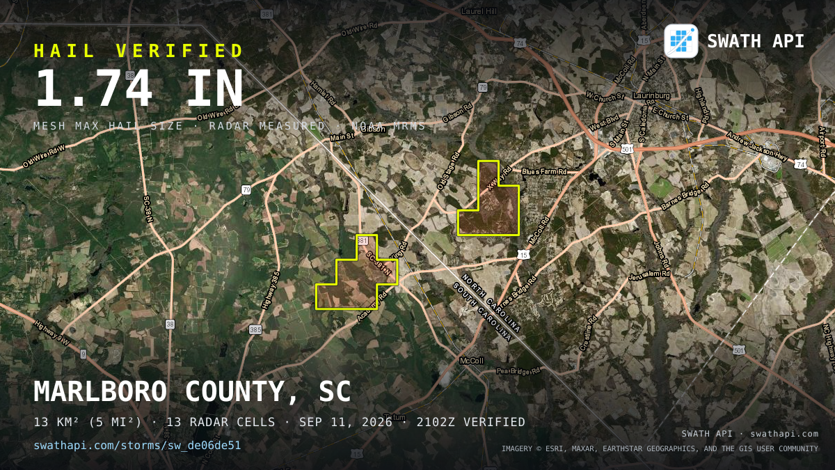 Storm card: 1.2–1.7" hail crossed Marlboro County, SC — September 11, 2026