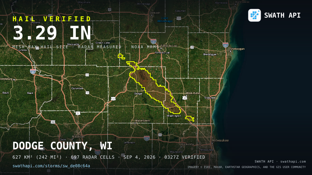 Storm card: 1.2–3.3" hail crossed Dodge County, WI — September 4, 2026