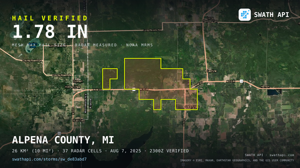 Storm card: 1.2–1.8" hail crossed Alpena County, MI — August 7, 2025