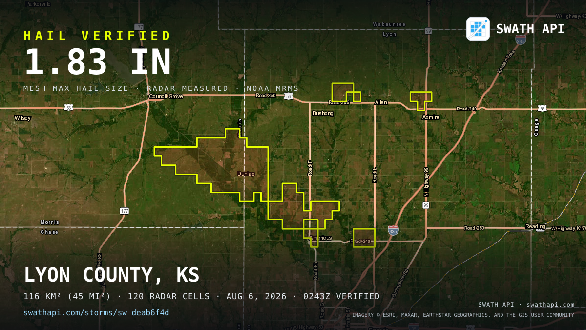 Storm card: 1.1–1.8" hail crossed Lyon County, KS — August 6, 2026