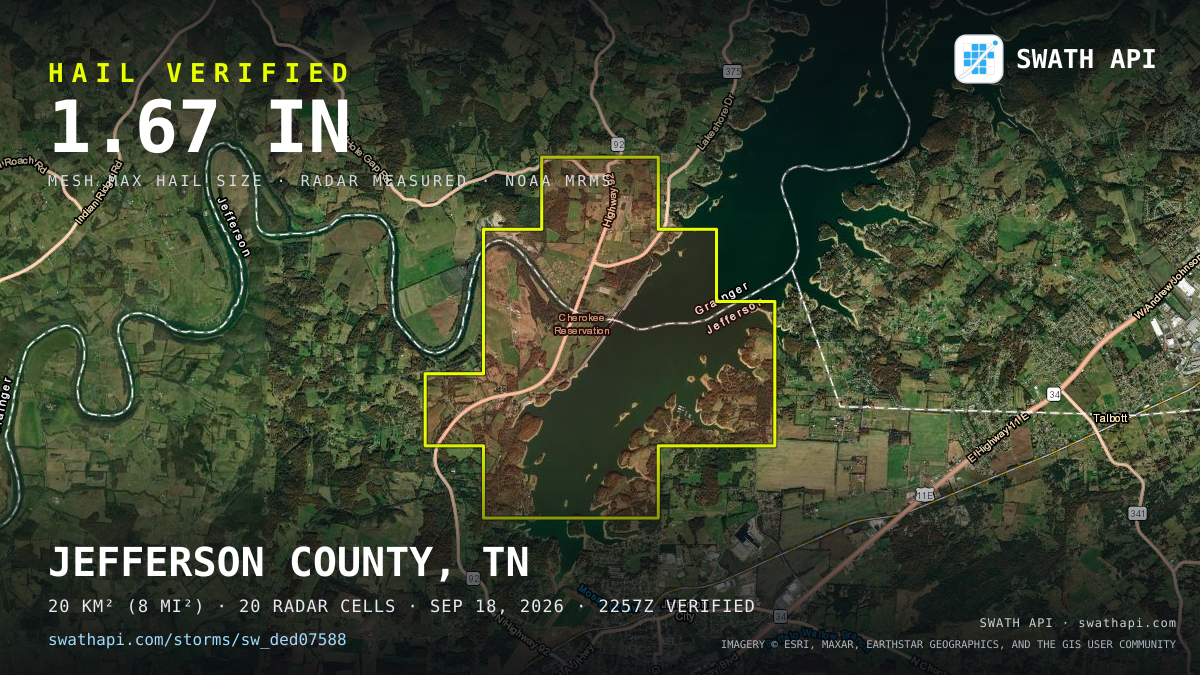 Storm card: 1.2–1.7" hail crossed Jefferson County, TN — September 18, 2026