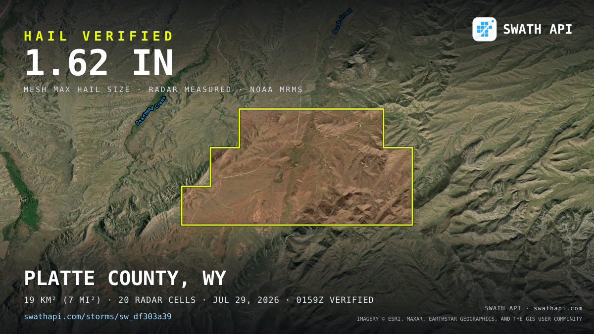 Storm card: 1.3–1.6" hail crossed Platte County, WY — July 29, 2026