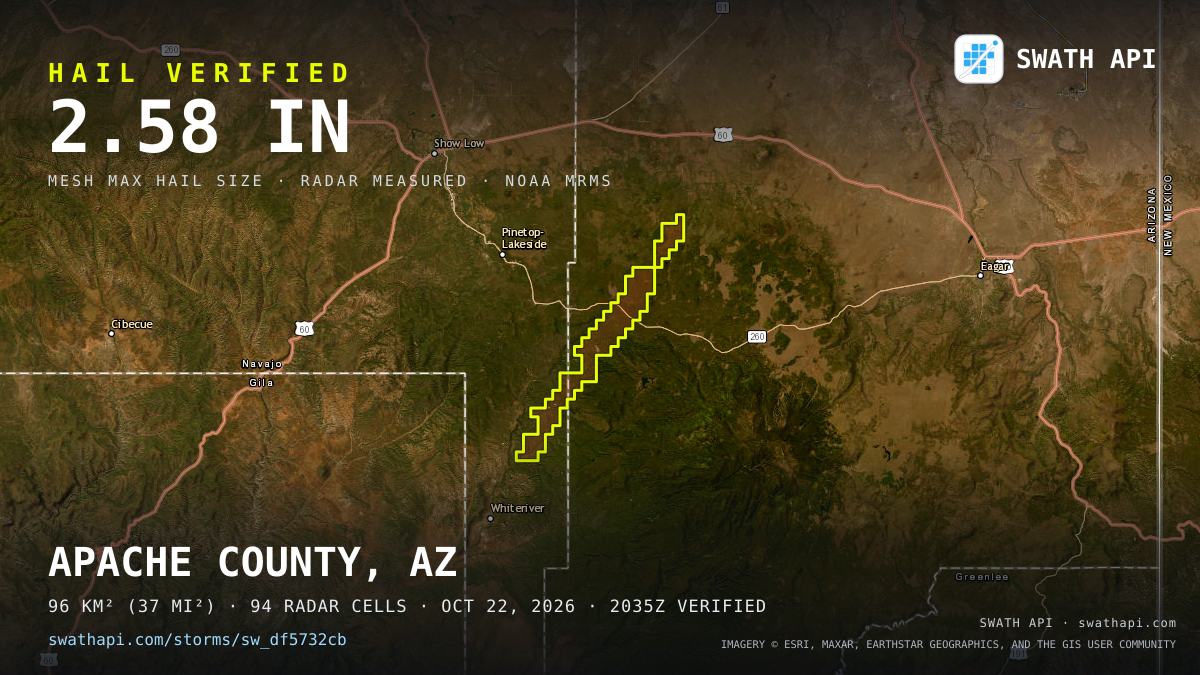 Storm card: 1.5–2.6" hail crossed Apache County, AZ — October 22, 2026