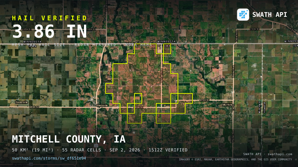 Storm card: 2–3.9" hail crossed Mitchell County, IA — September 2, 2026