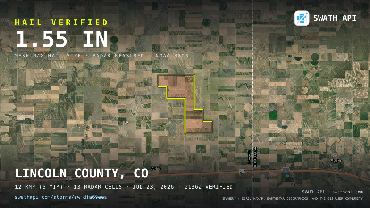 Storm card: 1.2–1.6" hail crossed Lincoln County, CO — July 23, 2026