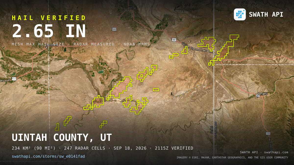 Storm card: 1.3–2.7" hail crossed Uintah County, UT — September 18, 2026