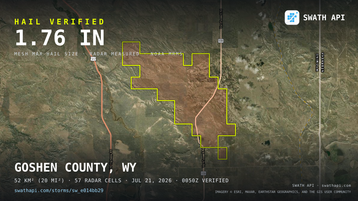 Storm card: 1.1–1.8" hail crossed Goshen County, WY — July 21, 2026