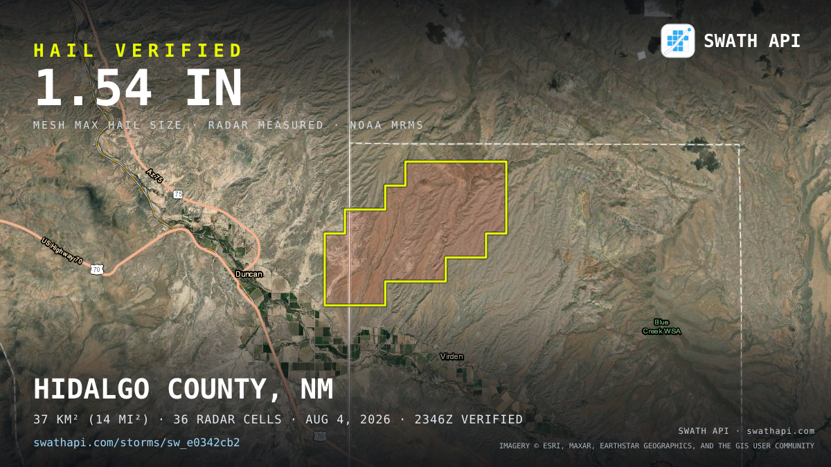 Storm card: 1.1–1.5" hail crossed Hidalgo County, NM — August 4, 2026
