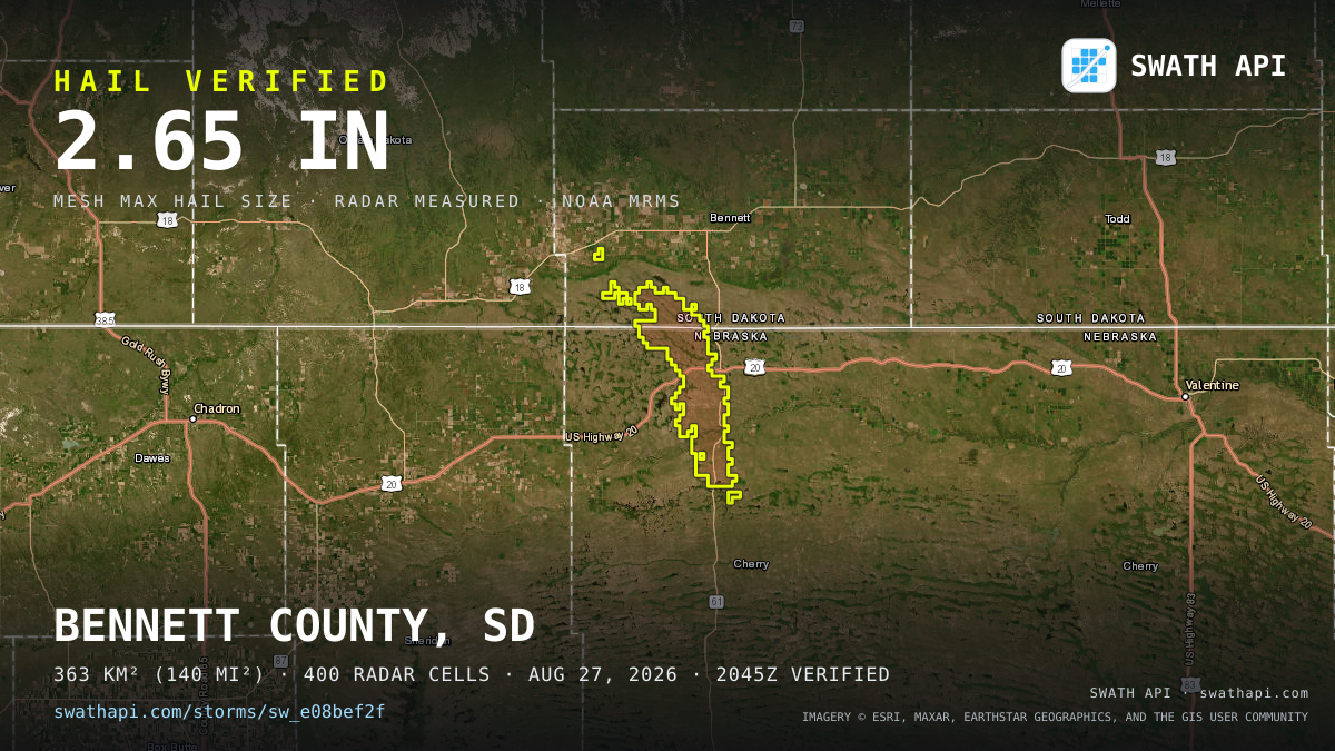 Storm card: 1.1–2.7" hail crossed Cherry County, NE — August 27, 2026