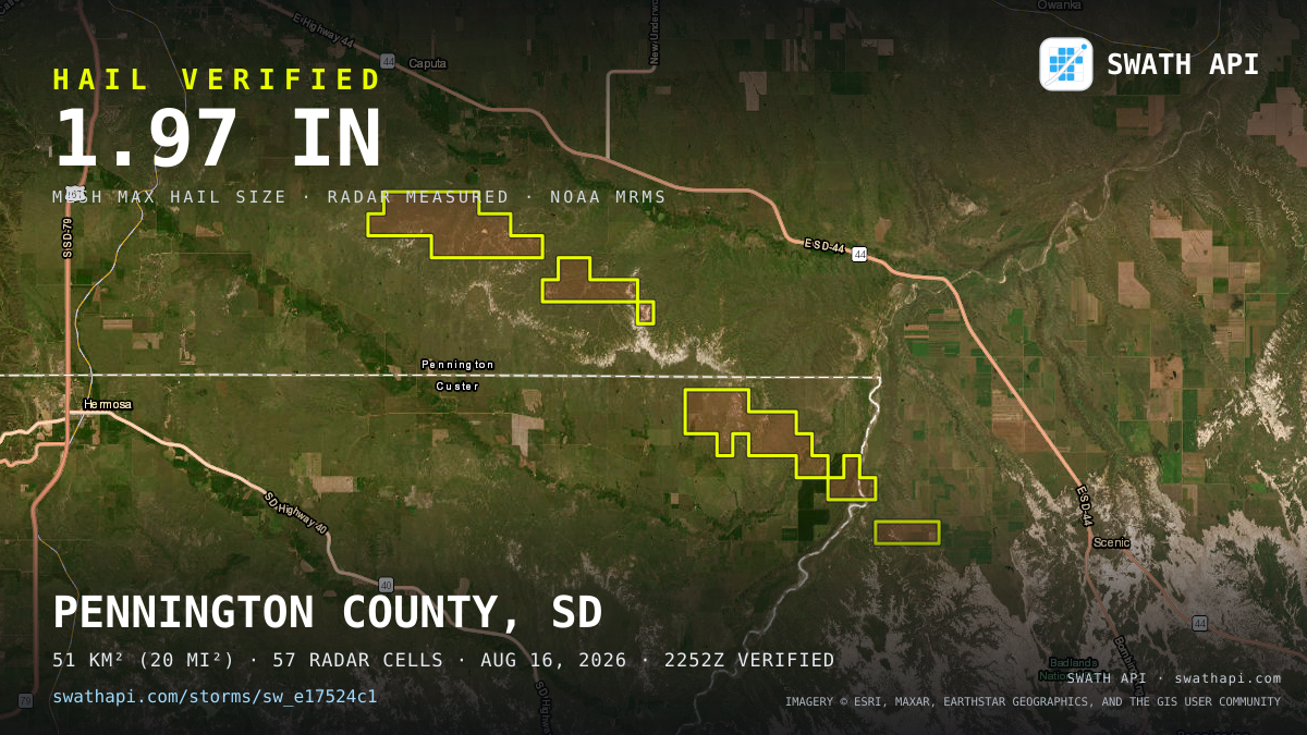 Storm card: 1.1–2" hail crossed Pennington County, SD — August 16, 2026