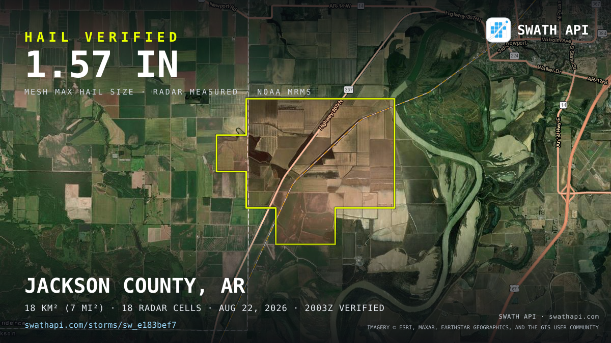 Storm card: 1.2–1.6" hail crossed Jackson County, AR — August 22, 2026
