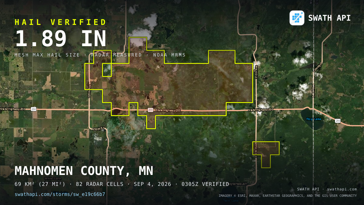 Storm card: 1.1–1.9" hail crossed Mahnomen County, MN — September 4, 2026