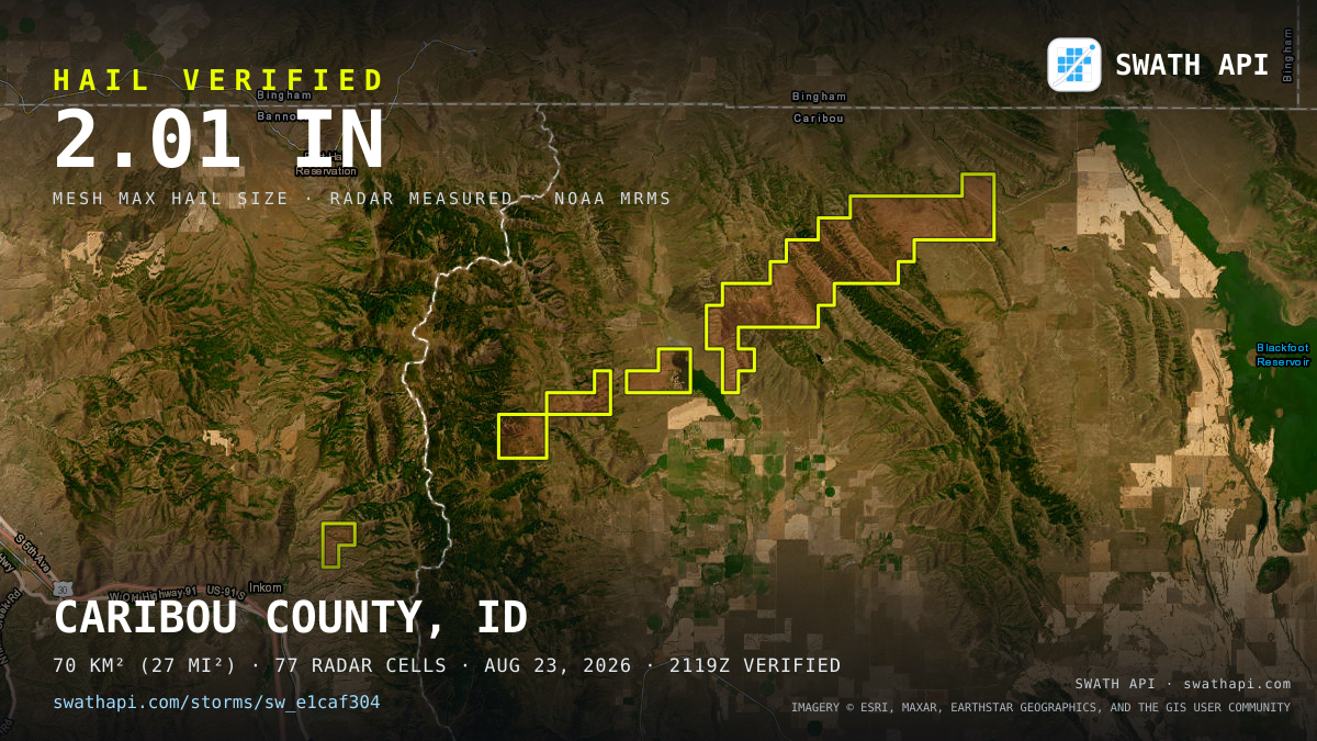 Storm card: 1.1–2" hail crossed Caribou County, ID — August 23, 2026