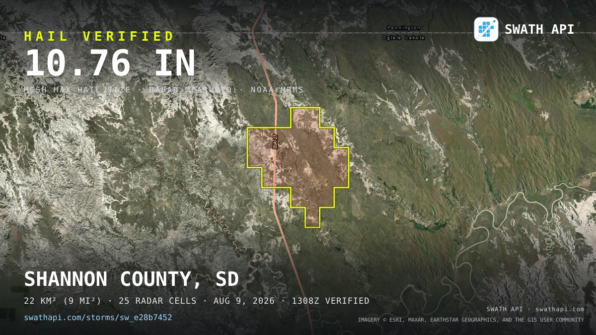Storm card: 6–10.8" hail crossed Shannon County, SD — August 9, 2026