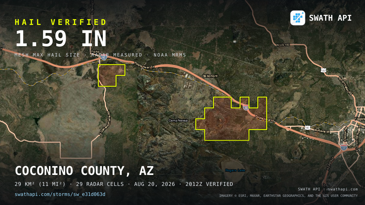 Storm card: 1.2–1.6" hail crossed Coconino County, AZ — August 20, 2026