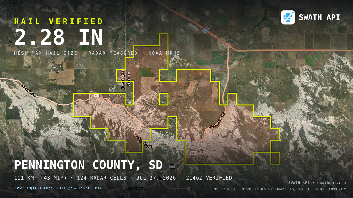 Storm card: 1.4–2.3" hail crossed Jackson County, SD — July 27, 2026