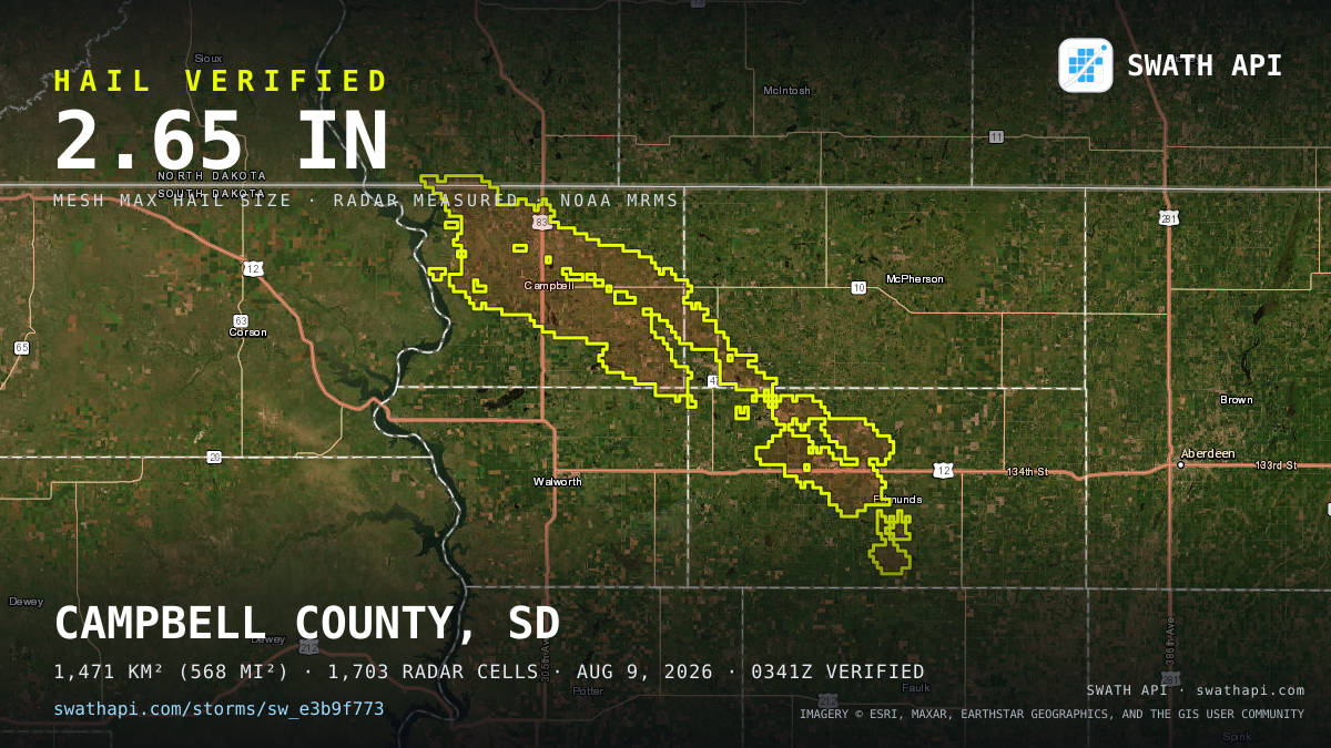 Storm card: 1.3–2.7" hail crossed Campbell County, SD — August 9, 2026