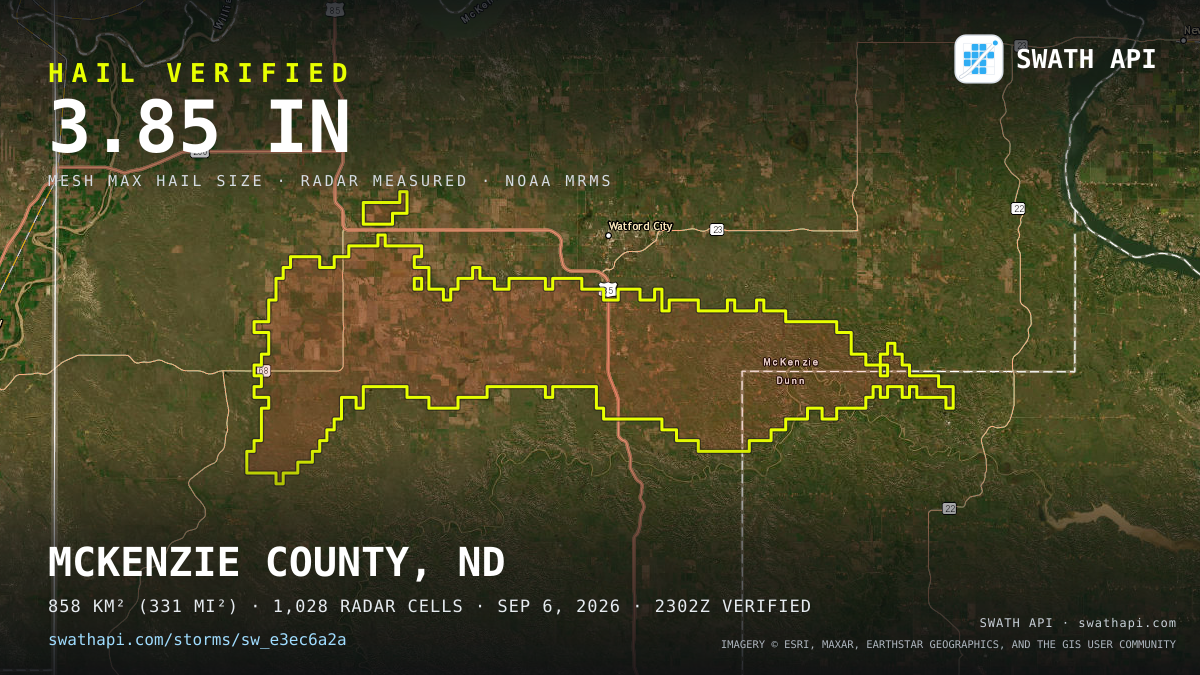 Storm card: 1.1–3.9" hail crossed McKenzie County, ND — September 6, 2026