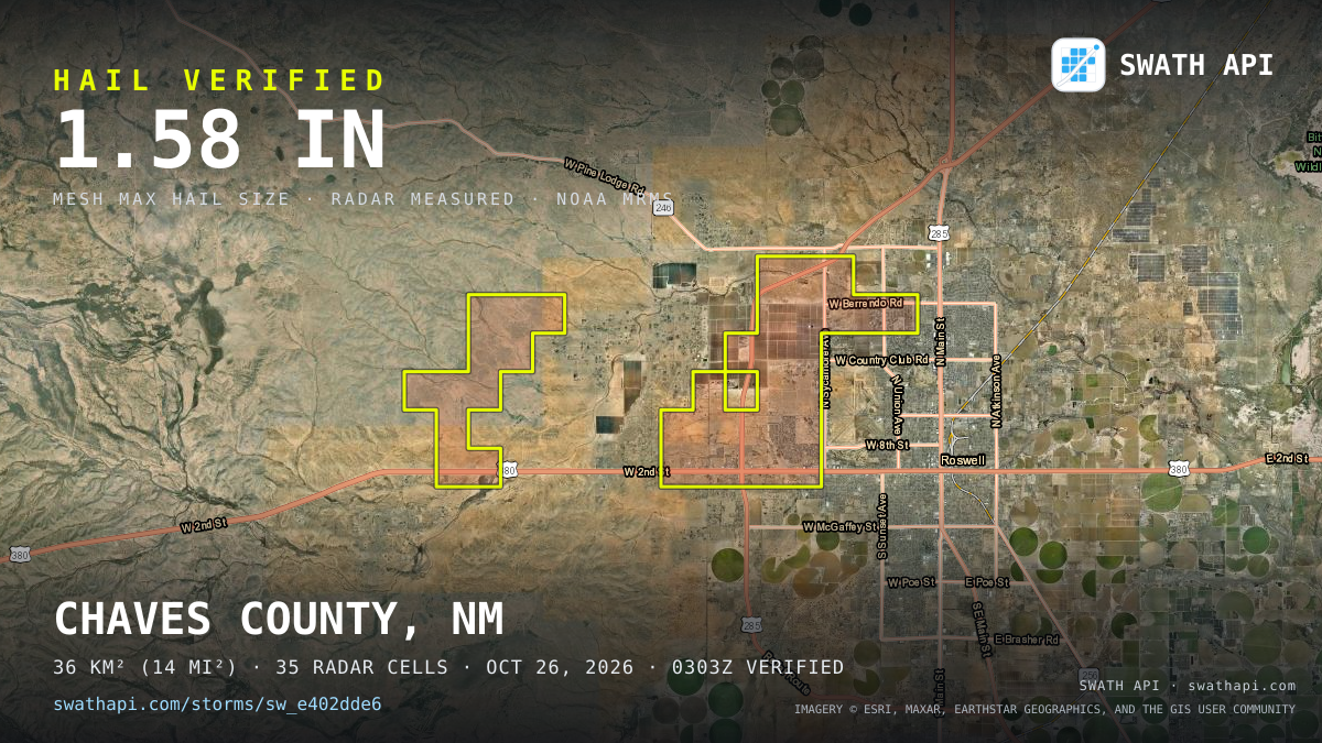 Storm card: 1.2–1.6" hail crossed Chaves County, NM — October 26, 2026