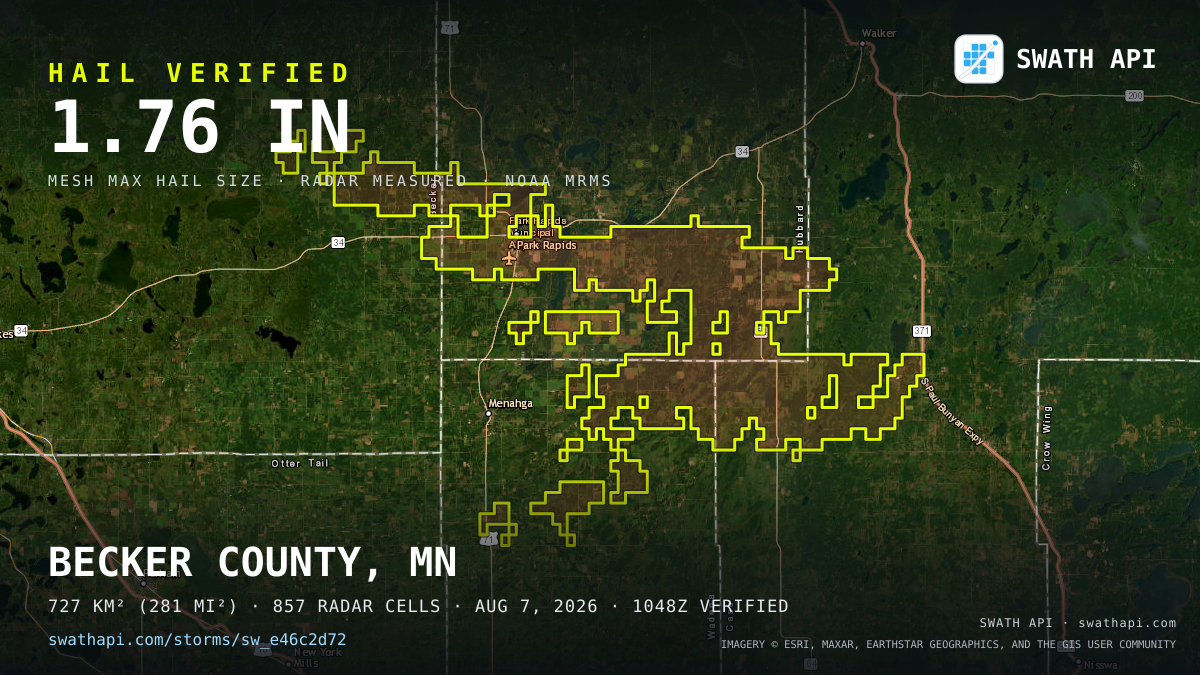 Storm card: 1.1–1.8" hail crossed Hubbard County, MN — August 7, 2026