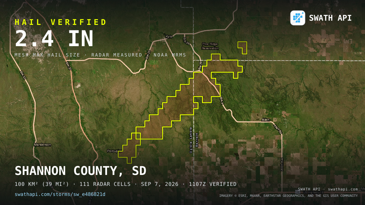 Storm card: 1.1–2.4" hail crossed Shannon County, SD — September 7, 2026