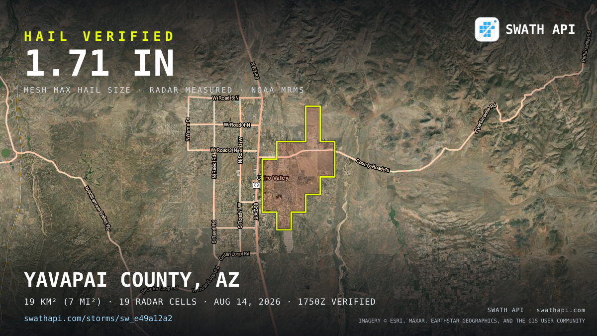 Storm card: 1.2–1.7" hail crossed Yavapai County, AZ — August 14, 2026