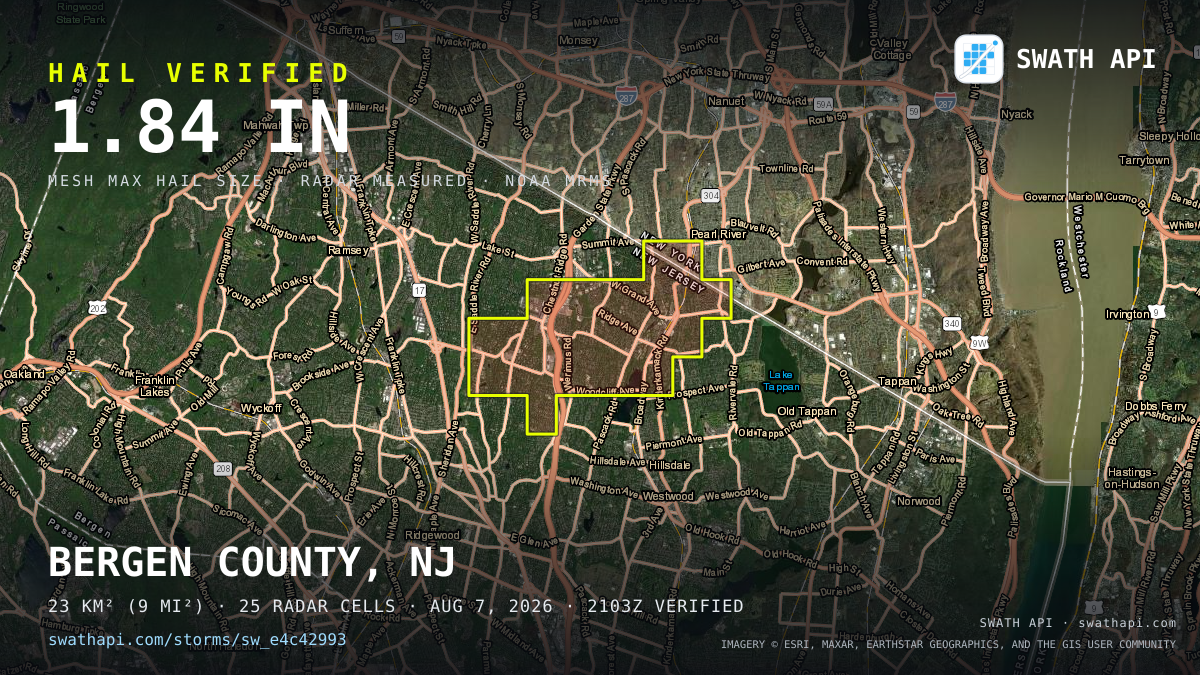 Storm card: 1.3–1.8" hail crossed Bergen County, NJ — August 7, 2026