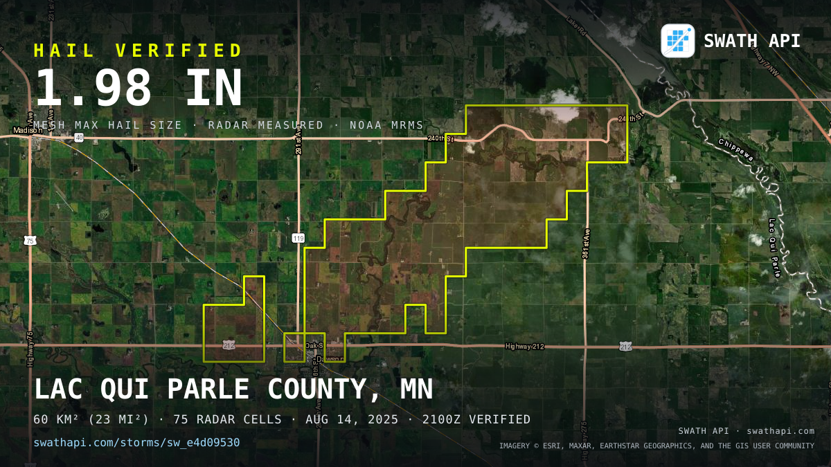 Storm card: 1.3–2" hail crossed Lac qui Parle County, MN — August 14, 2025