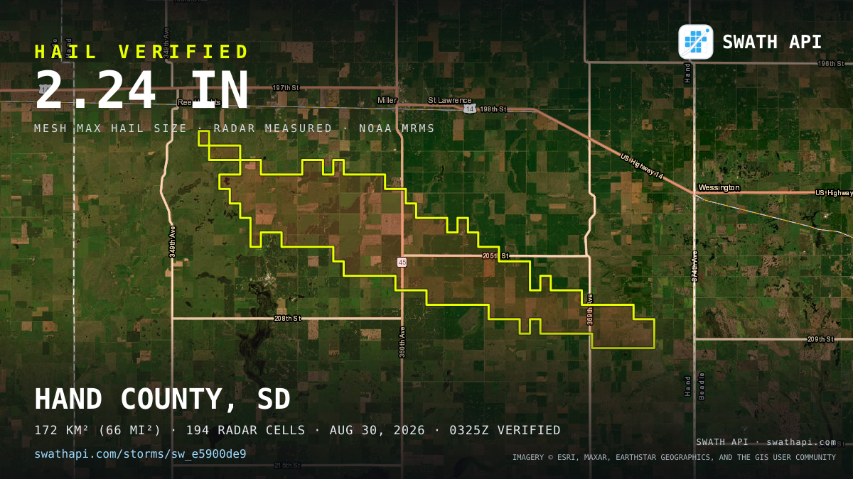 Storm card: 1.2–2.2" hail crossed Hand County, SD — August 30, 2026