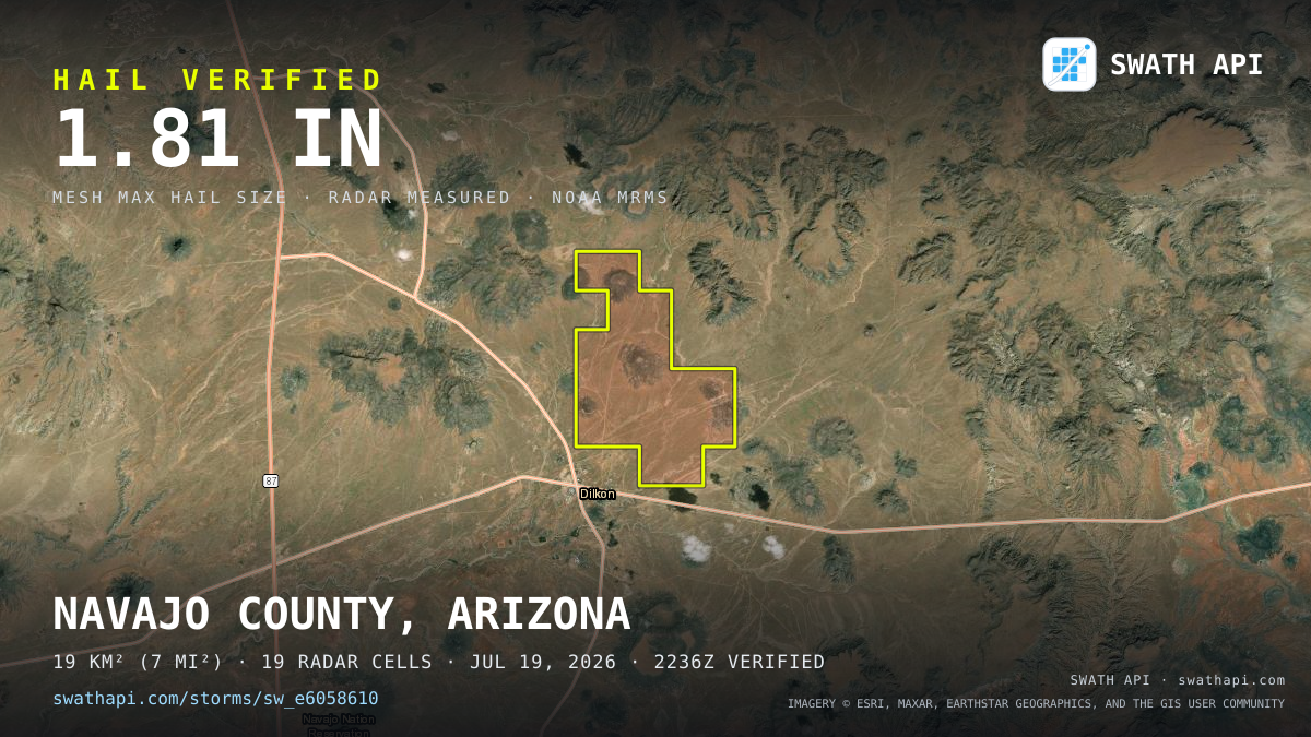 Storm card: 1.5–1.8" hail crossed Navajo County, AZ — July 19, 2026