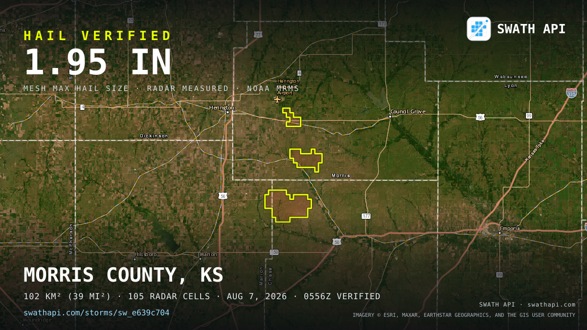 Storm card: 1.3–2" hail crossed Chase County, KS — August 7, 2026