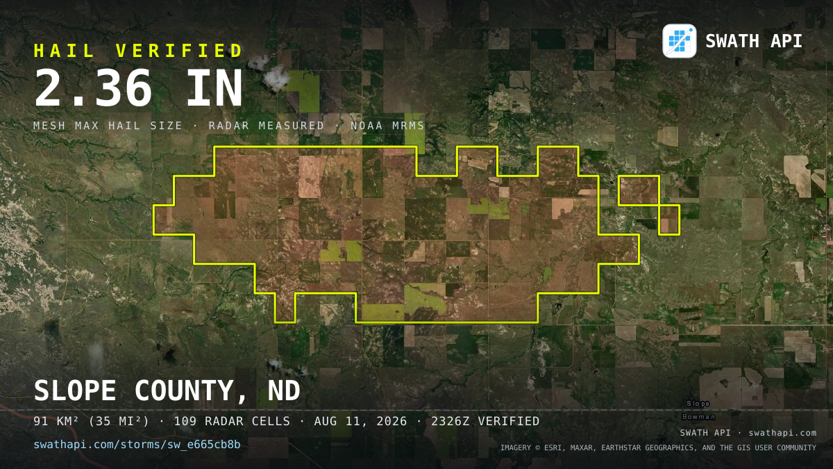 Storm card: 1.2–2.4" hail crossed Slope County, ND — August 11, 2026