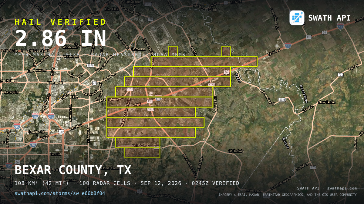 Storm card: 1.2–2.9" hail crossed Bexar County, TX — September 12, 2026