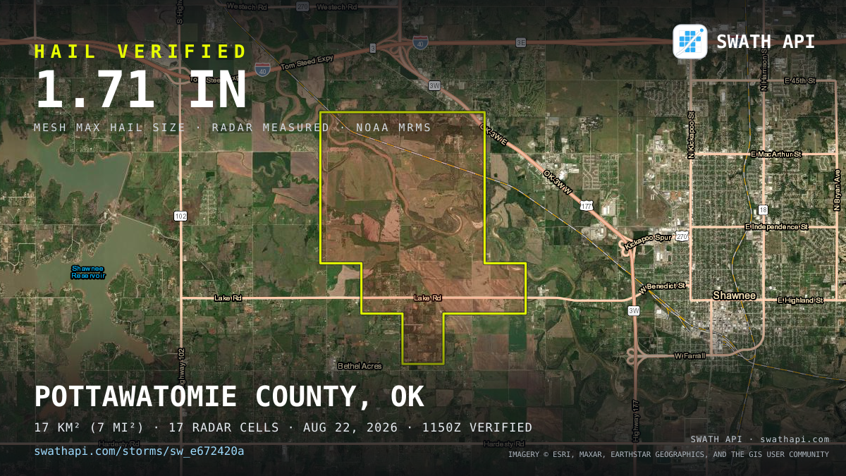 Storm card: 1.3–1.7" hail crossed Pottawatomie County, OK — August 22, 2026