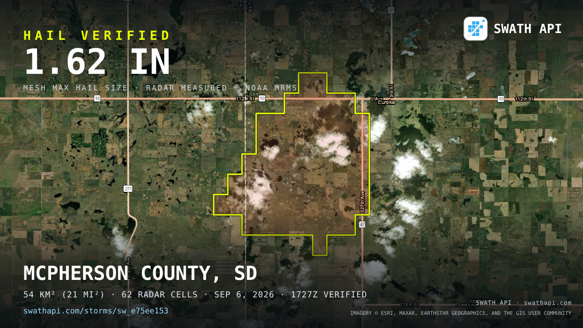 Storm card: 1.1–1.6" hail crossed McPherson County, SD — September 6, 2026