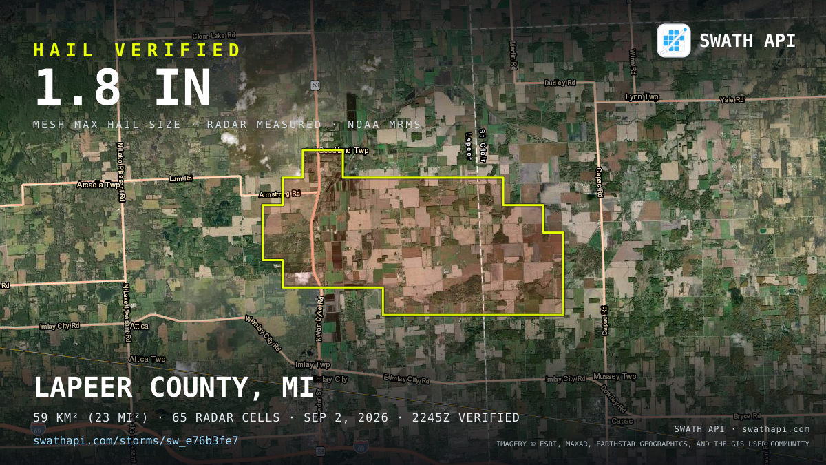 Storm card: 1.3–1.8" hail crossed Lapeer County, MI — September 2, 2026