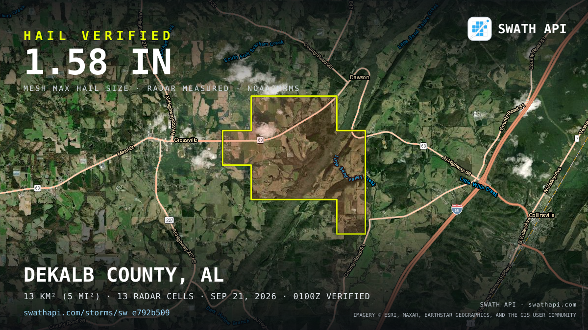 Storm card: 1.2–1.6" hail crossed DeKalb County, AL — September 21, 2026