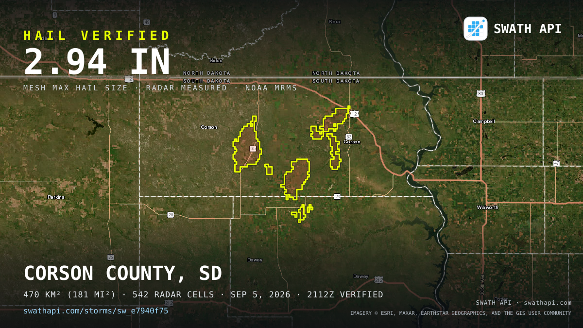 Storm card: 1.1–2.9" hail crossed Corson County, SD — September 5, 2026