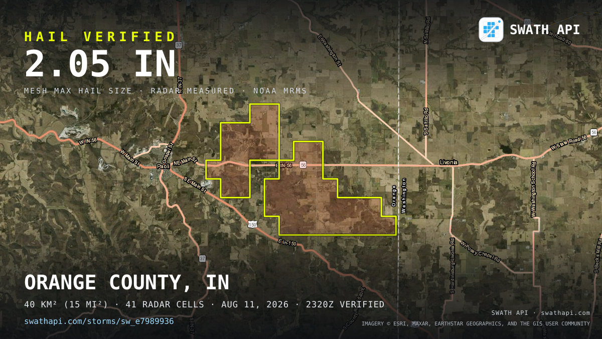 Storm card: 1.2–2.1" hail crossed Orange County, IN — August 11, 2026