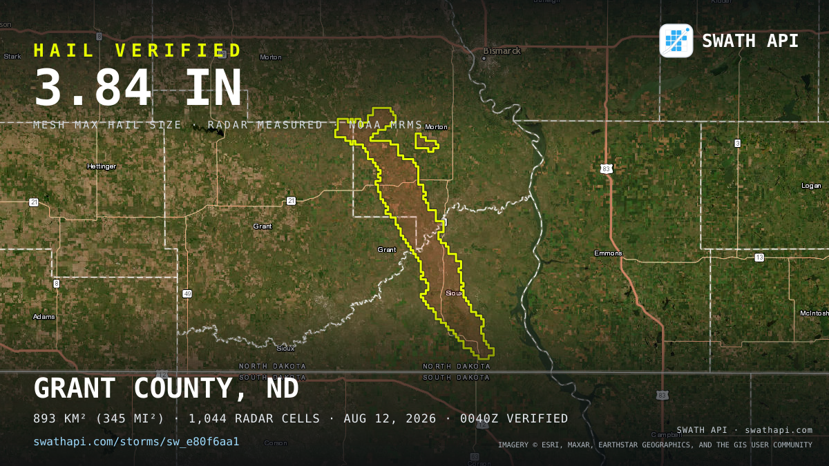 Storm card: 1.4–3.8" hail crossed Morton County, ND — August 12, 2026