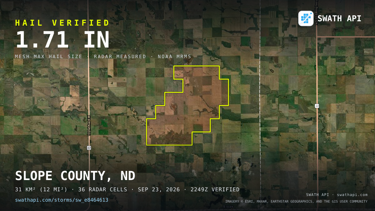 Storm card: 1.2–1.7" hail crossed Slope County, ND — September 23, 2026