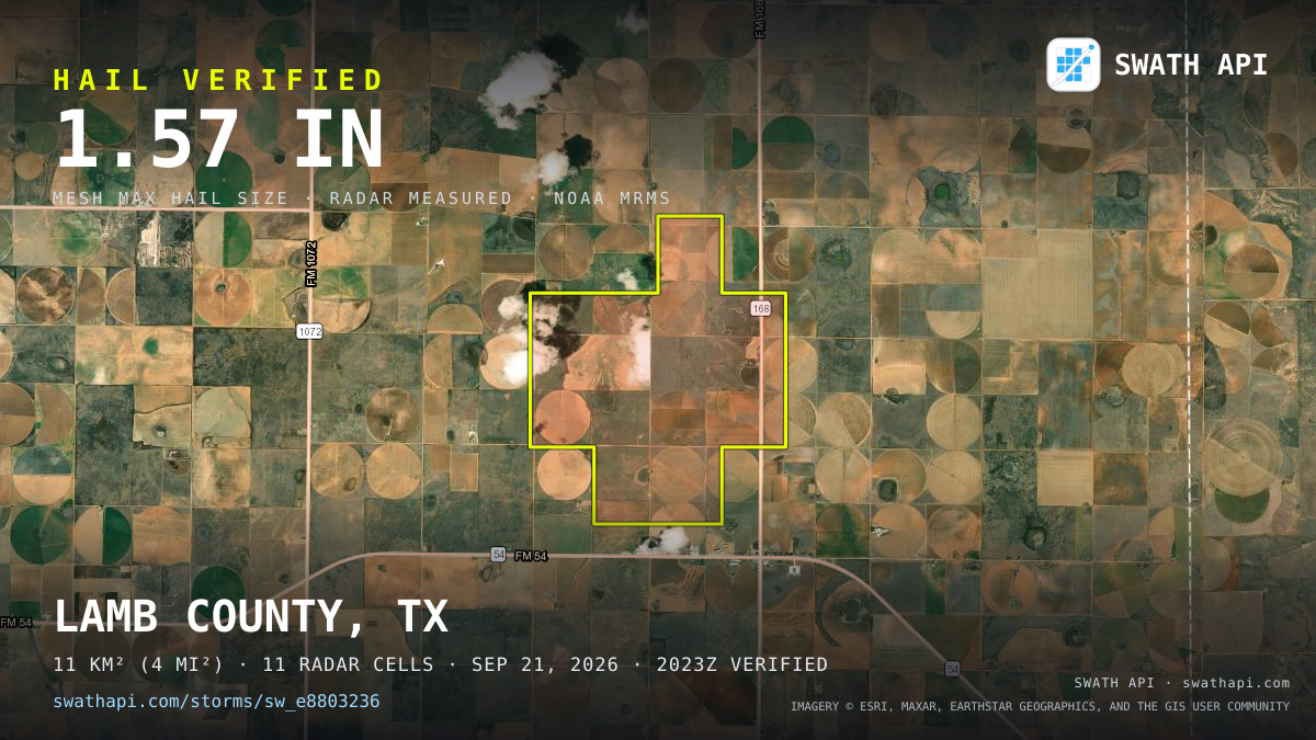 Storm card: 1.1–2.4" hail crossed Lamb County, TX — September 21, 2026