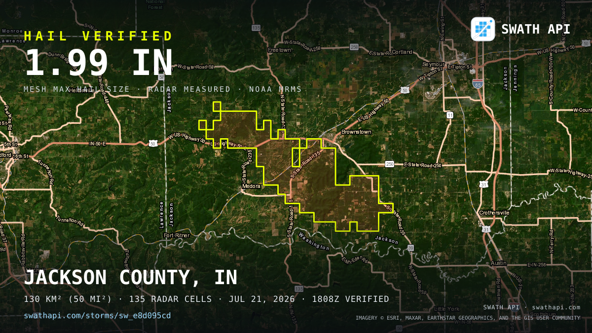 Storm card: 1.3–2" hail crossed Jackson County, IN — July 21, 2026